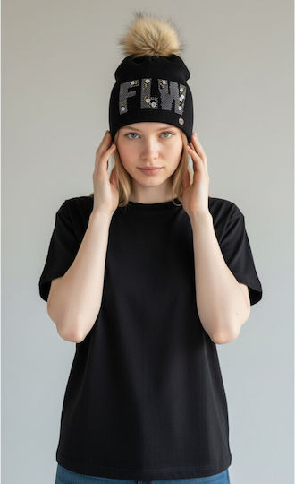 Pom Pom Beanie Γυναικείος Σκούφος Πλεκτός σε Μαύρο χρώμα