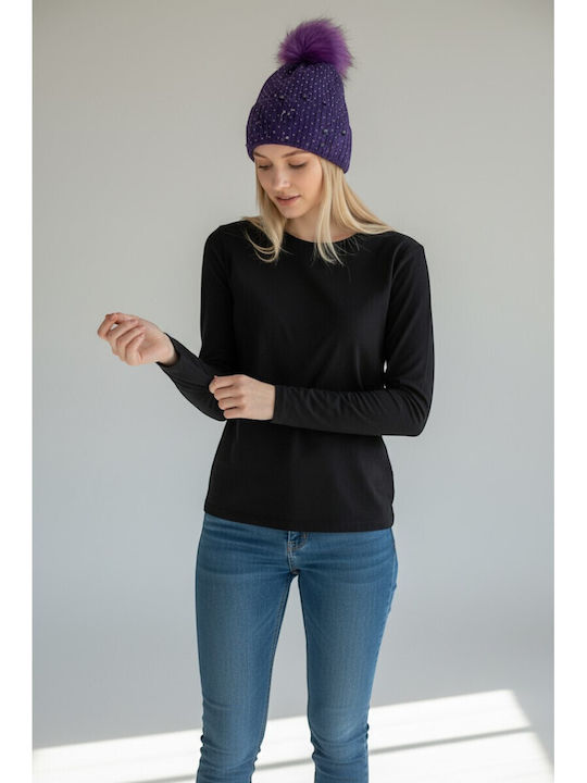 Pom Pom Beanie Beanie Knitted in Purple color