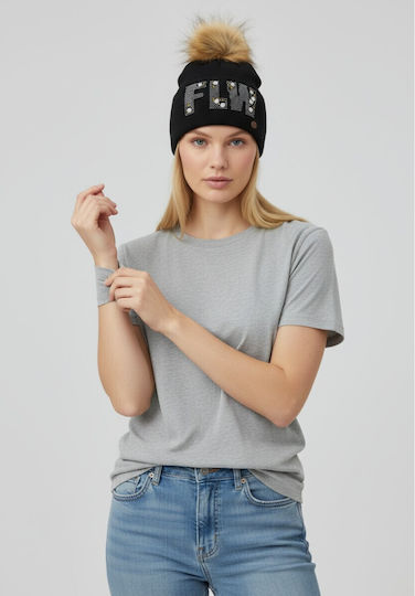 Pom Pom Beanie Γυναικείος Σκούφος Πλεκτός σε Μαύρο χρώμα