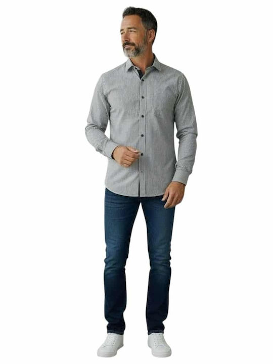 Long Sleeve Cotton Striped Gray Shirt with White Stripe