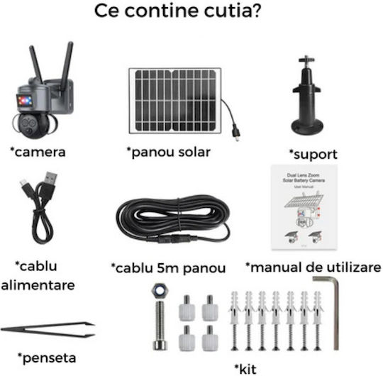 Cameră Supraveghere 4K HD Wi-Fi Cu Dublu Obiectiv Zoom 12x Încărcare Solară Rotire Controlată Prin Aplicație Rezistentă La Apă IP66