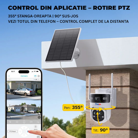Cameră Supraveghere Taggo Conexiune 4G Rezoluție 6MP Zoom 15x Încărcare Solară Exterior 3 Lentile Vedere Nocturnă
