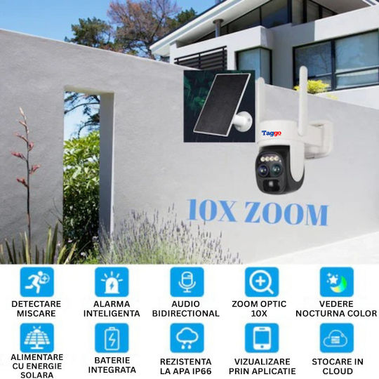 Cameră de Supraveghere 4G 4K Ultra HD de Exterior Cameră Dublă 4MP+4MP Zoom Optic 10x Încărcare Solară Rotire Controlată prin Aplicație Impermeabilă IP66