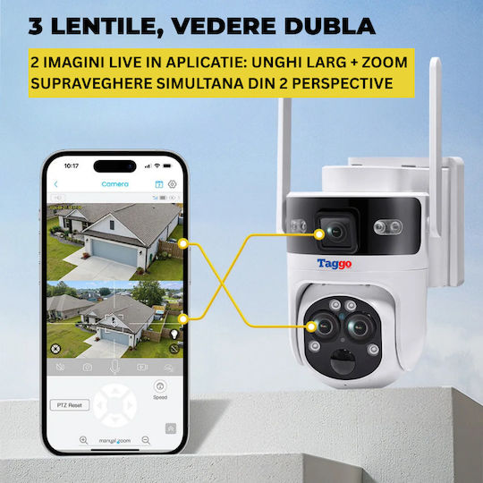 Cameră Supraveghere Taggo Conexiune Wi-Fi Rezoluție 6mp Zoom 15x Încărcare Solară Exterior 3 Lentile Vedere Nocturnă