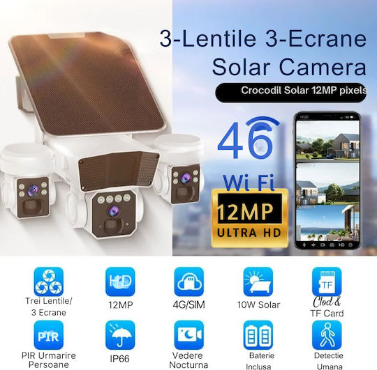 Cameră Crocodil 4G Solară cu Mai Multe Lentile 12MP Panou Solar 20W Stocare Cloud SD IP66 Rezistentă la Apă Urmărire Persoană