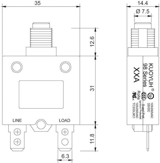 Overcurrent 8a 98-08-a1b14-b0b-b Kuo Pieces:10 On-Off switch Thermal 10pcs