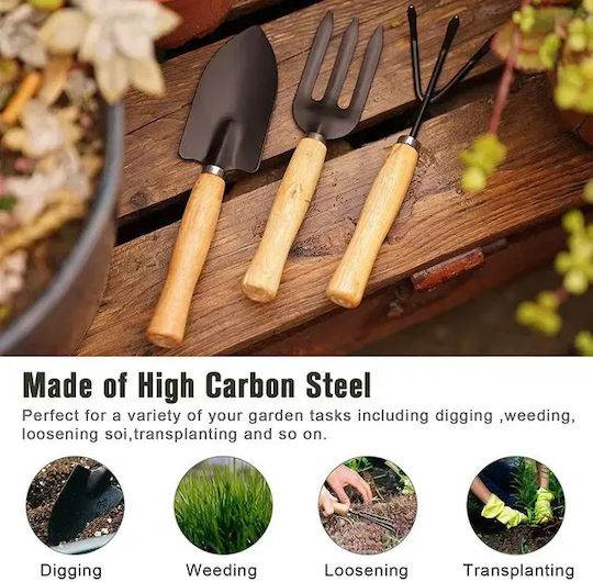 Set of 3 Mini Garden Tools Wooden Handle Shovel Fork & Rake for Pots & Bonsai