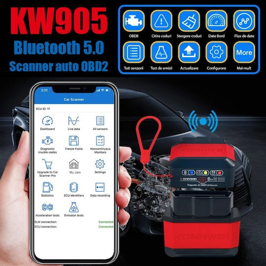 Konnwei Kw905 Auto Diagnosis Obd2 Bluetooth 5.0 On-off Button Compatible Android Ios Elm 327 Obdii Orange