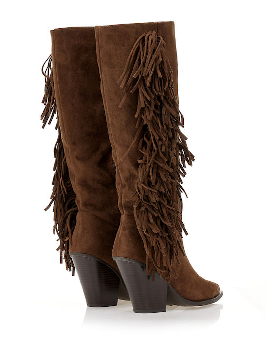 Suede High Heel Cowboy Boots with Zipper Brown