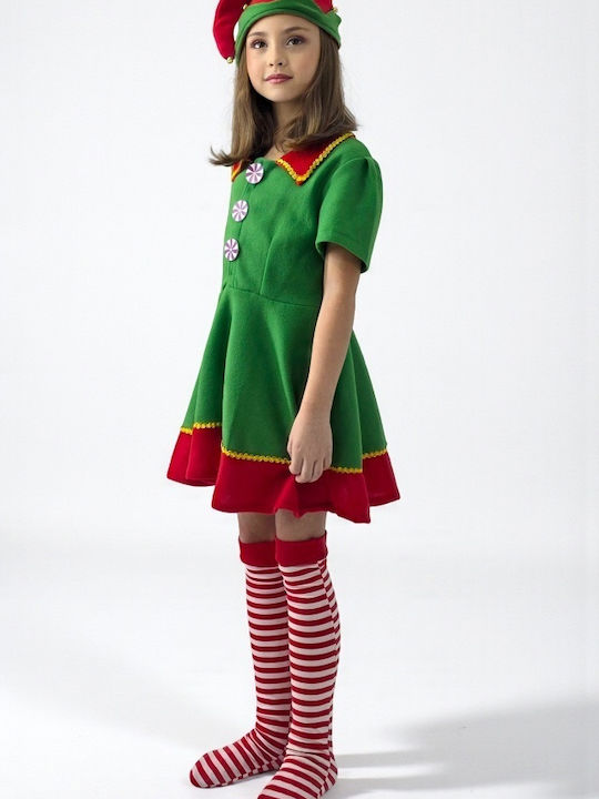 Costum De Crăciun Elfiță Dulce Pentru Fete – Set 3 Piese Rochie Dresuri Căciulă