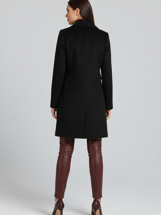 Women's Black Peacoat with Buttons