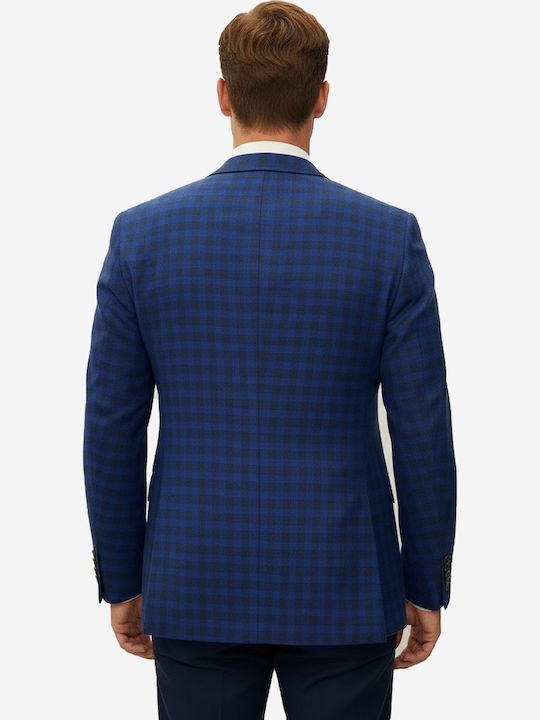Ανδρικό Σακάκι με Στενή Εφαρμογή Plaid Blue