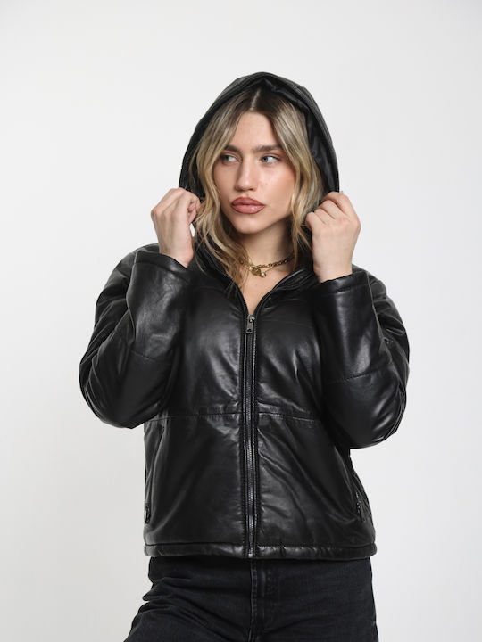 Women's Lifestyle Leather Jacket for Winter with Hood Black