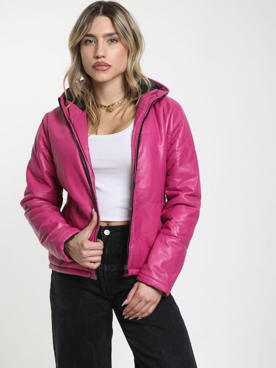 Women's Lifestyle Leather Jacket for Winter with Hood Black