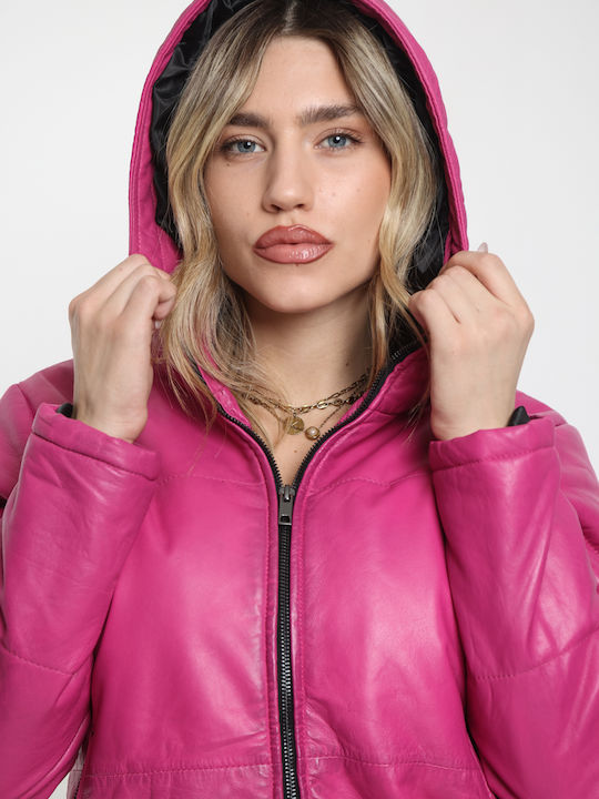 Women's Lifestyle Leather Jacket for Winter with Hood Black