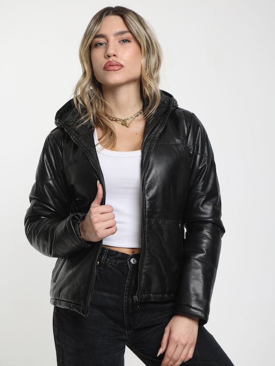 Women's Lifestyle Leather Jacket for Winter with Hood Black