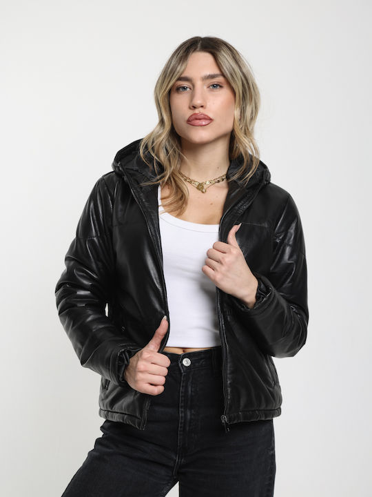 Women's Lifestyle Leather Jacket for Winter with Hood Black