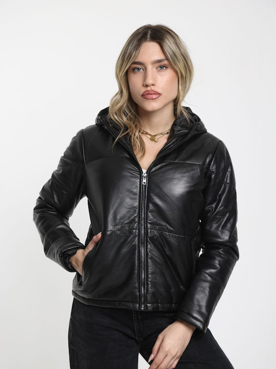 Women's Lifestyle Leather Jacket for Winter with Hood Black