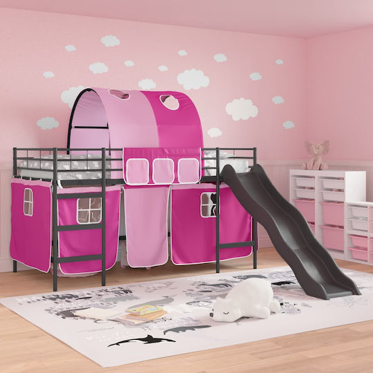 Pat Pentru Copii Loft Bed Semi Dublu Negru Pentru Saltea 107x201cm