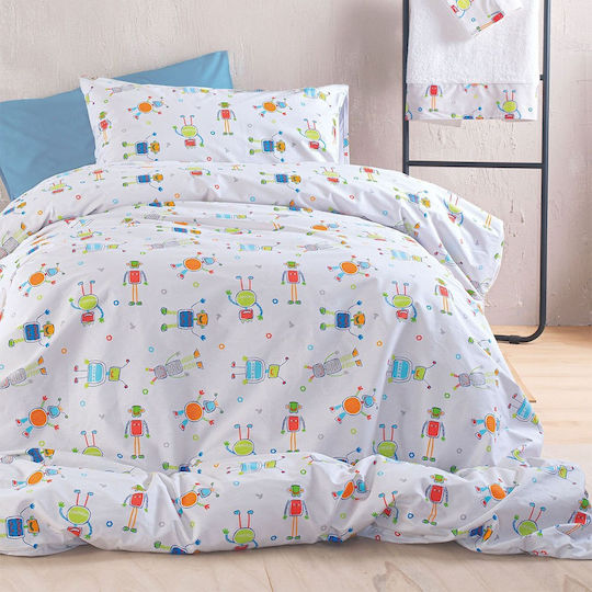 Rythmos Robot Chat Set Kinderbettbezug Einzel mit Kissenbezug Baumwolle Weiß 160x250cm