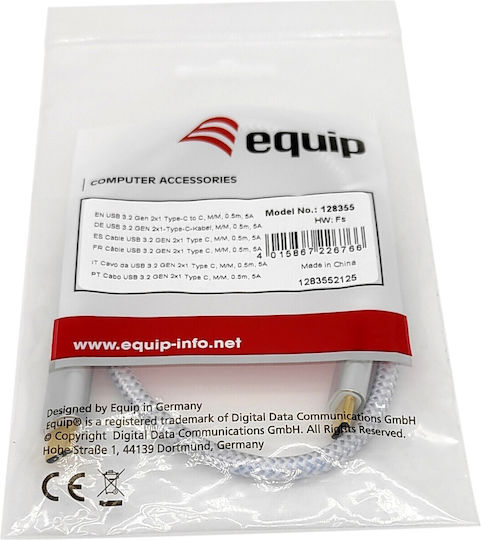 Equip Braided USB 3.2 Video Cable USB-C Male - USB-C 100W PD White 2m 128358