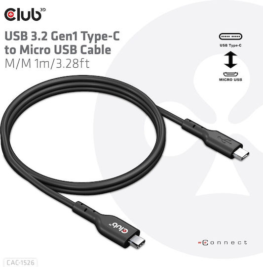 Club3D USB 2.0 Cable USB Type-C Male - Micro USB-B Black 1m