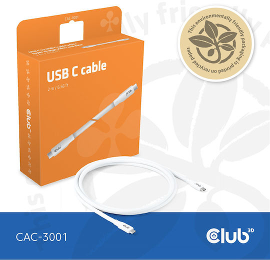 Club3D USB 2.0 Cable USB-C male - USB-C 240W PD Λευκό 2m CAC-3001