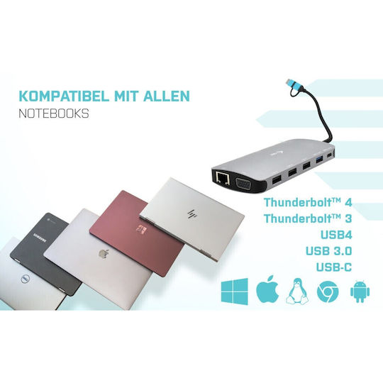 i-tec Nano Dock Thunderbolt 4 Docking Station με HDMI 4K PD Ethernet και συνδεση 3 Οθονών Ασημί