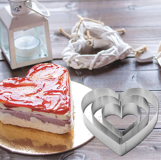 Set 3 Pufo Heart Cake Metal Molds In Heart Shape Cake Layers Pastries Steel Silver Romantic Durable