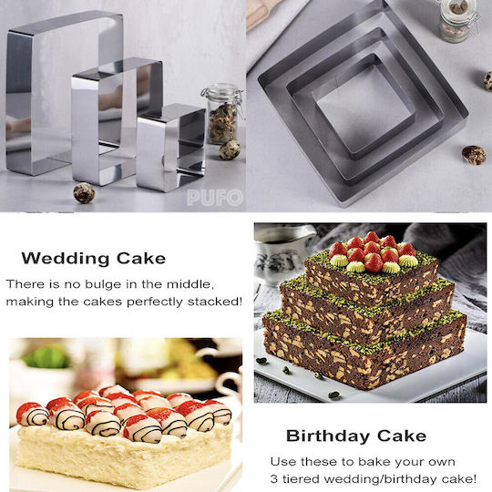 Pufo 3 Stück Quadratische Metallische Kuchenringe Kuchenboden Gebäck Silber Langlebig Einfach Zu Verwenden