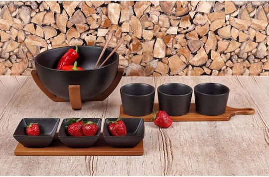 Cryspo Trio Acacia Platou pentru aperitive 3 Locuri cu Suport din Porțelan Neagră L10.5xl39.5cm 1buc