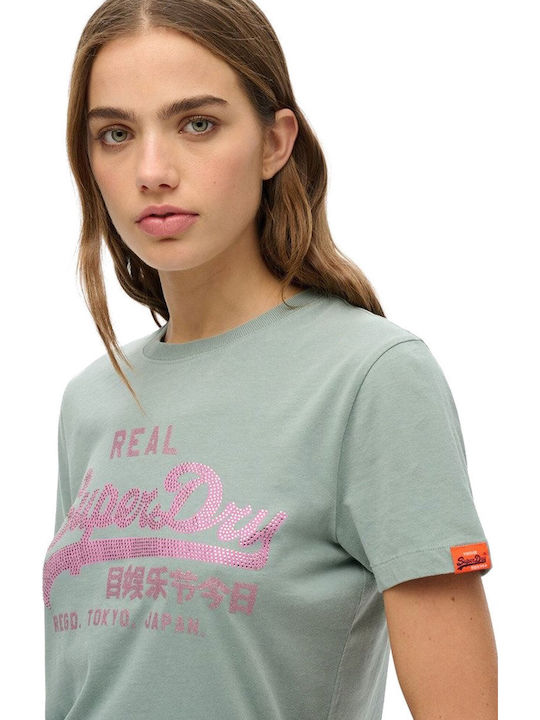 Vintage Logo Rhinestone Tricou Damă Albastru