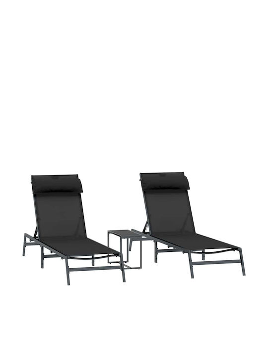 Deckchair Metallic with Cushion Black with Table 197x54x26cm.