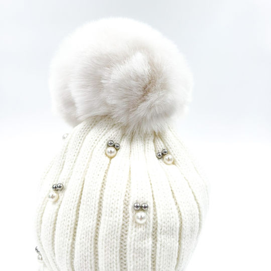 Pom Pom Beanie Women's Fleece Knitted Beanie in White Color