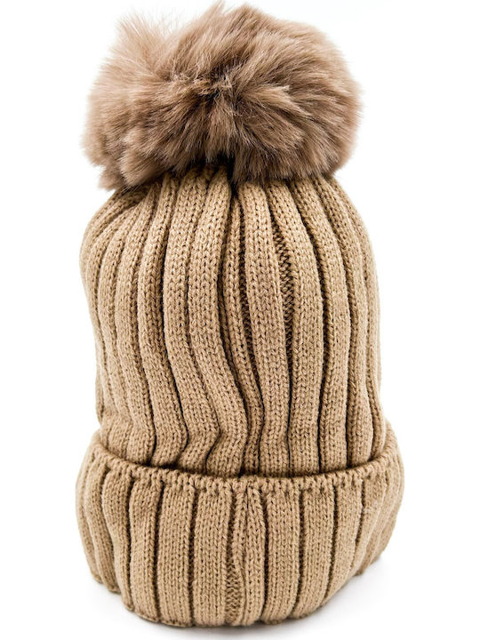 Pom Pom Beanie Damen Fleece Strickmütze in Beigetönen