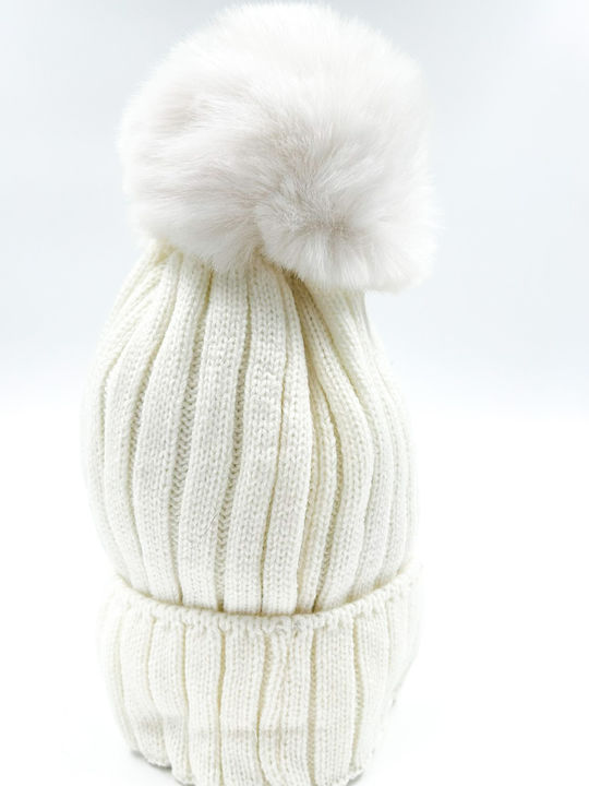 Pom Pom Beanie Damen Fleece Strickmütze in Weiß