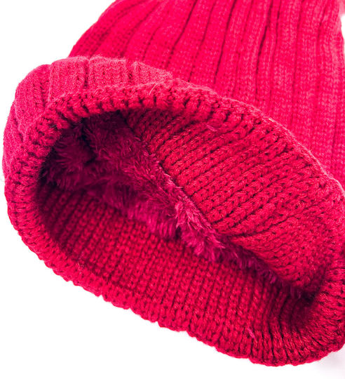 Pom Pom Beanie Women's Fleece Knitted Beanie in Red Color