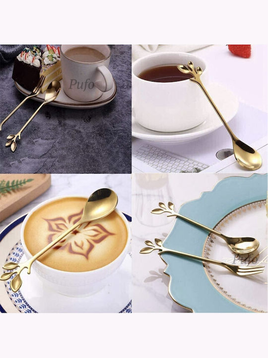 Set 6 Linguri Puff Leaf Cafea Ceai Desert Inox Mâner În formă de frunză Aurie 13 Cm