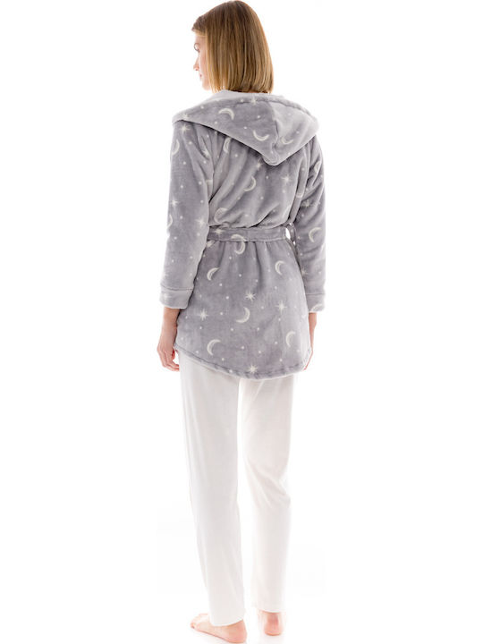 Pink Label Χειμερινή Γυναικεία Fleece Ρόμπα Γκρι Pink Label Χειμερινή Γυναικεία Fleece Ρόμπα Γκρι