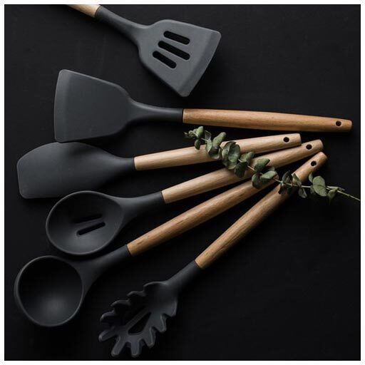 Ruhhy Silicone Cooking Utensil Set with Base Black 12pcs