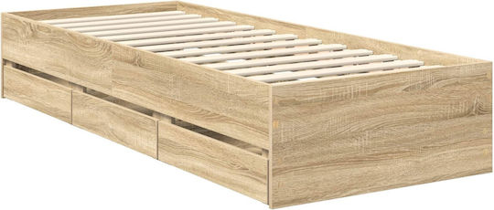 Pat Single Din Lemn Stejar Sonoma Cu Plăci Pentru Saltea 75x190cm