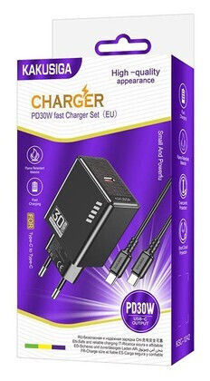 Kakusiga Ladegerät mit USB-C Anschluss und Kabel USB-C - USB-C 30W Schwarzs (KSC-1242)