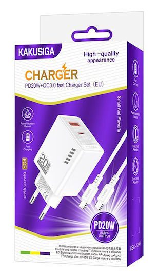 Kakusiga Ladegerät mit USB-A Anschluss und USB-C Anschluss und Kabel USB-C - USB-C 20W Weißs (KSC-1240)