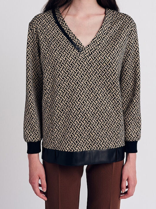 Women's Blouse Leather Long Sleeve with V Neckline Black