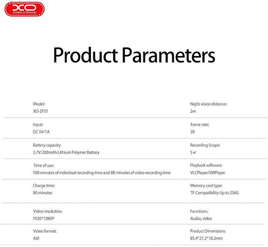 XO Spionagekamera ZF01 1080p mit Interner Speicher 32GB