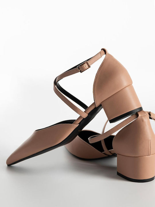 Synthetic Leather Pointed Toe Pink Low Heels with Strap