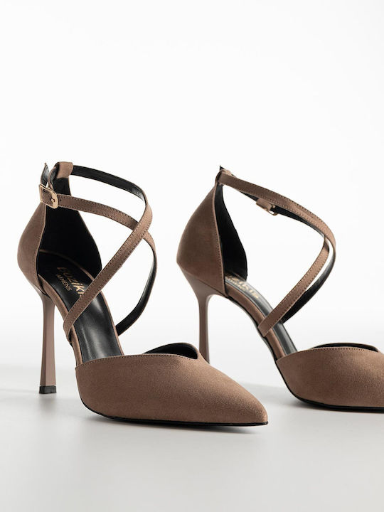 Wildleder Pumps mit Stiletto Absatz & Riemchen Braun X26-069-0985 S-Pouro