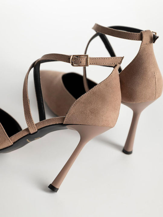 Wildleder Pumps mit Stiletto Absatz & Riemchen Braun X26-069-0985 S-Pouro
