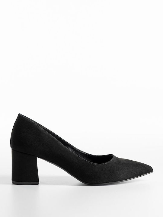 Bozikis Suede Μυτερές Γόβες με Χοντρό Μεσαίο Τακούνι Μαύρες