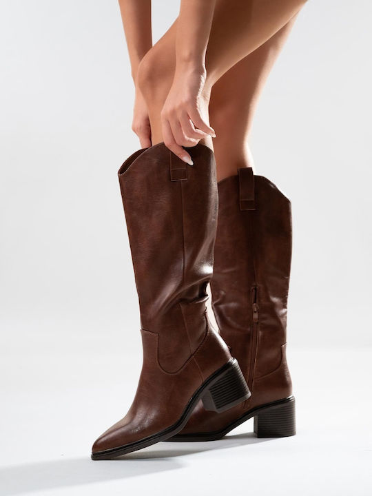 Synthetic Leather Medium Heel Women's Boots with Zipper Brown